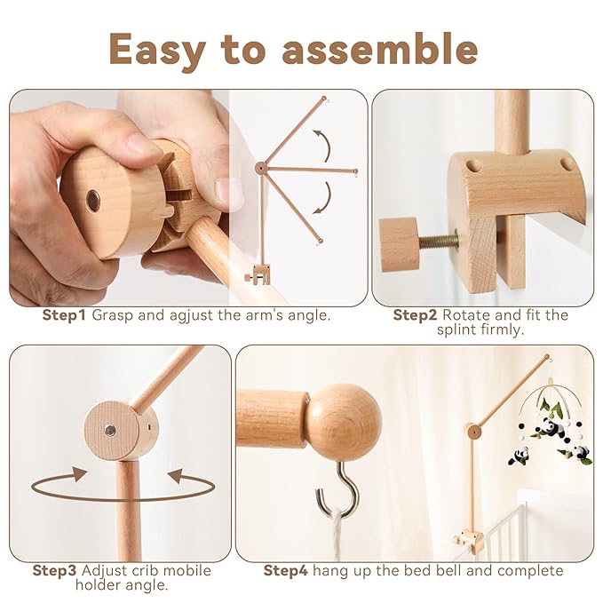 Wooden Crib Mobile Arm | Baby Crib Mobile Arm Wooden Holder | Rotatable Adjustable Anti Slip Attachment Clamp for Sturdy Mobile Hanger (Only Arm)