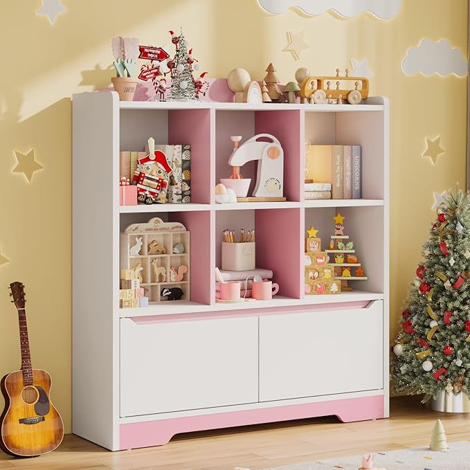 Kids Bookshelf and Toy Organizer, 2 Tier Kids Book Shelf for Kid Rooms with 2 Doors, 6 Cubes Storage Organizer,Wood Children Bookcase,Freestanding Toddler Book Display Shelf for Playroom WhitePink