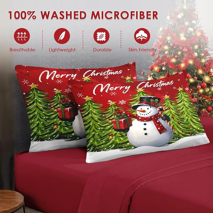 5 Pcs Twin Size Christmas Comforter Set with Pillowcase & Sham, Red Cartoon Snowman Bedding for Kids and Adults, Funny Xmas Pine Forest Bed in a Bag with Flat Fitted Sheet