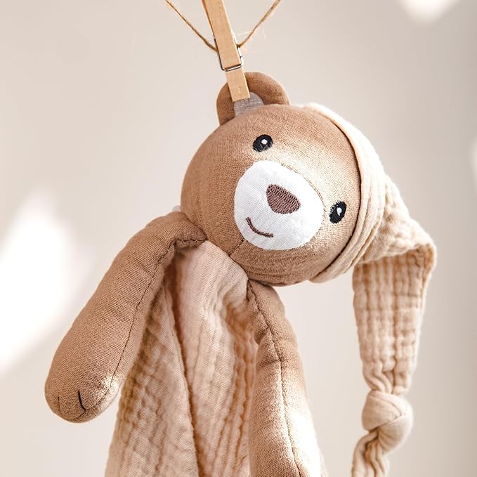 lulumoon Muslin Bear Lovey for Babies: Skin-Friendly Security Blanket for Self-Soothe - Newborn Gift for Baby Shower