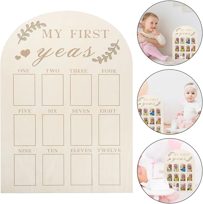 First Year Picture Frame Wooden Milestone Photo Board for Nursery Decoration Space-Saving Growth Tracker with Multiple Photo Slots Sturdy Wood Material for Newborn Memories