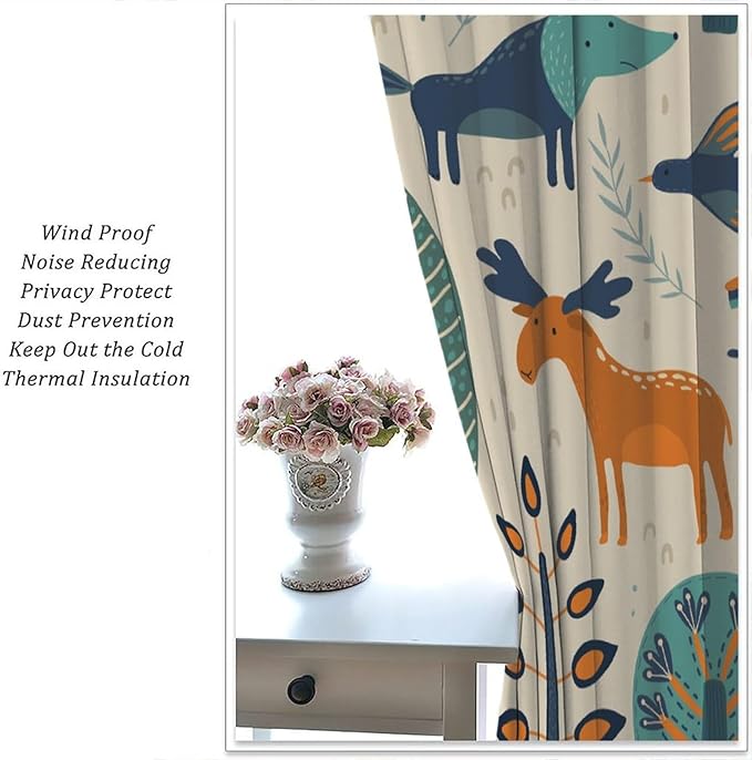 Kids Forest Animal Curtains, Rustic Cartoon Cute Wild Animal Window Treatments Woodland Safari Animal Fox Deer Bear Window Drapes for Girls Boys Nursery Toddler Bedroom 72x63in
