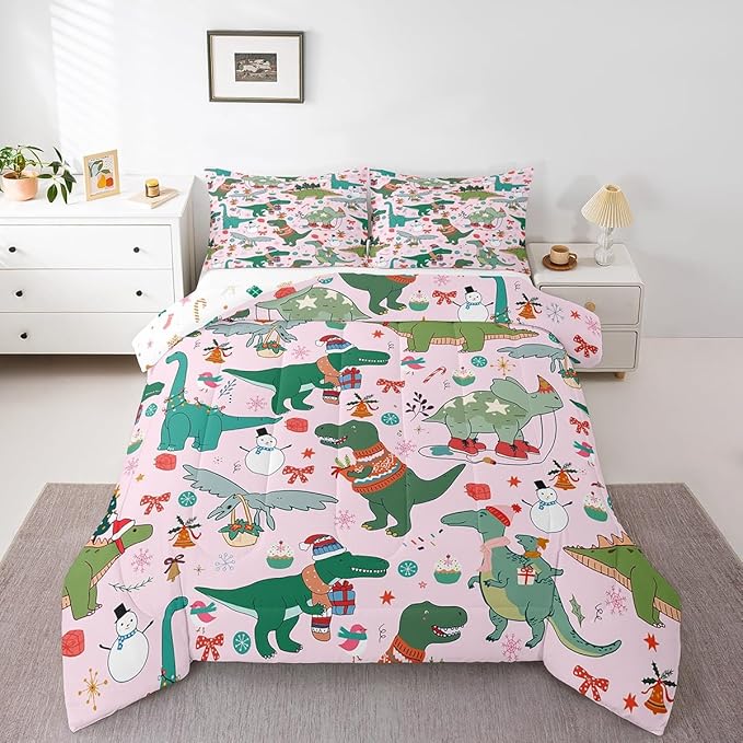 Feelyou Christmas Pink Comforter Set Queen Size for Kids Boys Girls Cartoon Xmas Dinosaur Bedding Set Snowman New Year Decorations Bedroom Quilt Set