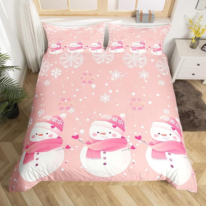 Manfei Kawaii Snowman Duvet Cover Set Twin Size, Cute Pink White Snowflake Comforter Cover with 1 Pillowcase, Christmas Theme Bedding Set 2pcs for Kids Girls Lightweight Bedspread Cover,No Comforter