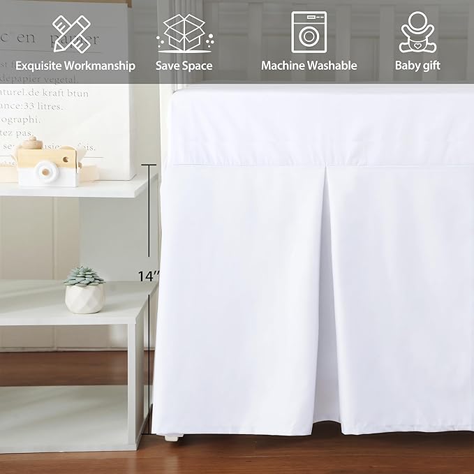 Crib Skirt Dust Ruffle, 100% Egyptian Cotton 400 Thread Count Soft Breathable Crib Bedding Skirt for Baby, Boys and Girls, 52"X28" with 14" Crib Bed Skirt Fading Resistant (White Solid)