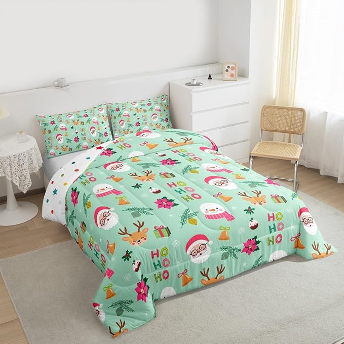 Feelyou Christmas Decor Bedding Set Soft for Boys Girls, Happy New Year Comforter Set Twin Size Santa Claus Duvet Quilt Microfiber Bedroom Decor 2 Pcs with 1 Pillow Cases