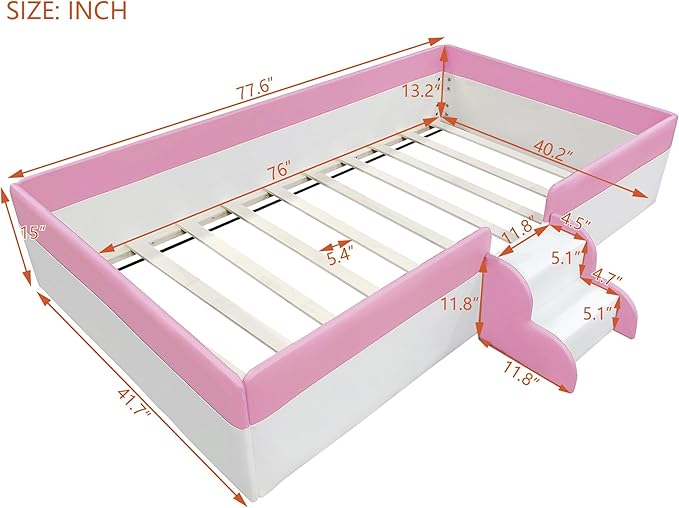 Twin Size Upholstered Daybed Frame with Fence and Stairs, Montessori Kids Floor Bed with Sturdy Slat Support for Kids Boys Girls