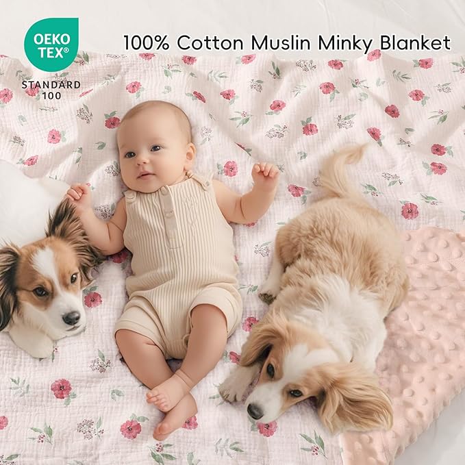 david's kids Muslin Minky Baby Blanket for Girls with Muslin Cotton Front and Dotted Fleece Backing, Breathable and Soft Lightweight Receiving Blanket for Newborns, 40x50 Inches, Pink Floral