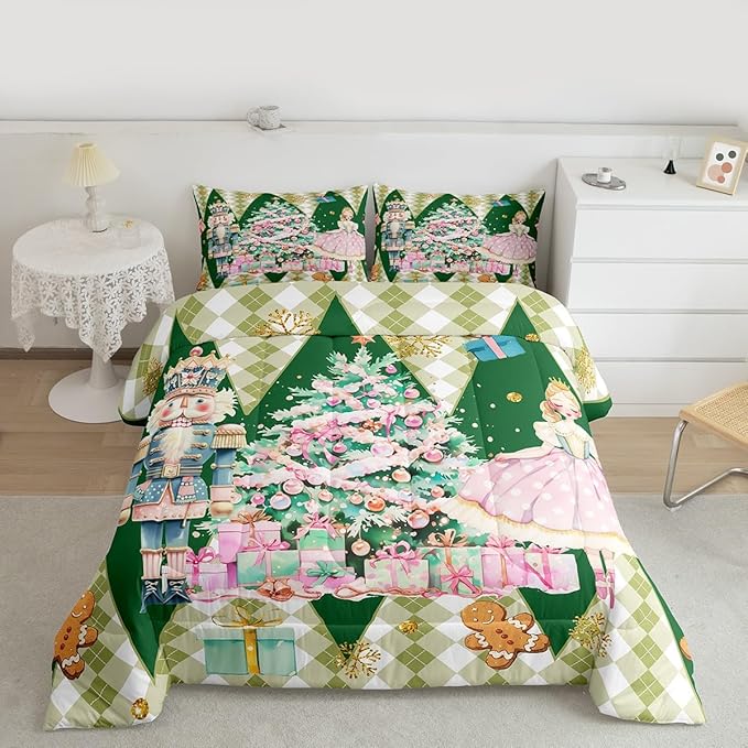 jejeloiu Christmas Nutcracker Comforter Set King Size Gingerbread Man Bedding Set for Kids Boys Girls Xmas Tree Duvet Quilt Green Bedroom Decor