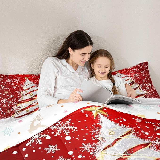Feelyou Merry Christmas Comforter Set King Size Christmas Tree Bedding Set for Kids Boys Girls Snowflake Duvet Quilt Winter Bedroom Decor Microfiber 3 Pcs with 2 Pillow Cases