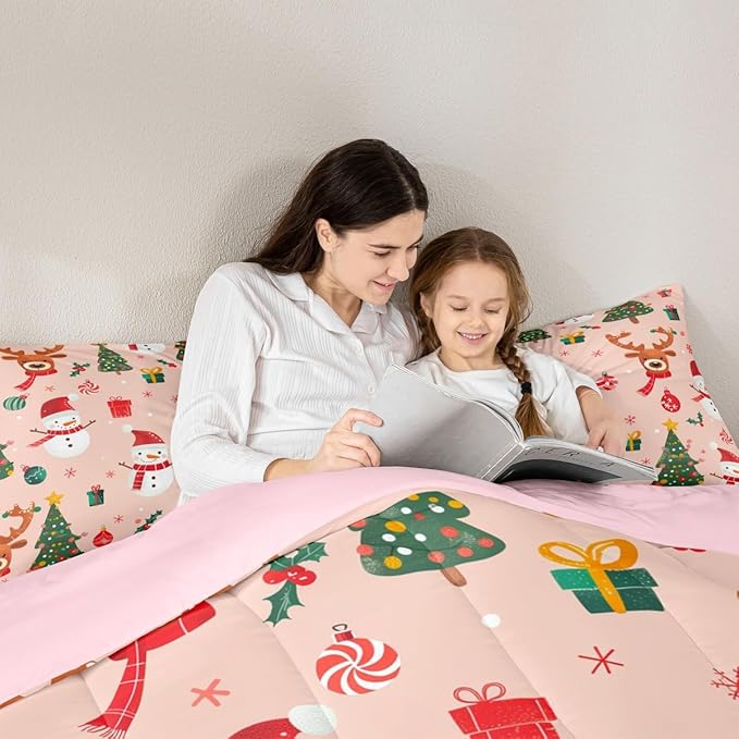 Feelyou Christmas Comforter Set Queen Size Snowman Bedding Set for Kids Boys Girls Deer Xmas Tree Duvet Quilt New Year Gift Bedroom Decor Snowflake Microfiber 3 Pcs with 2 Pillow Cases