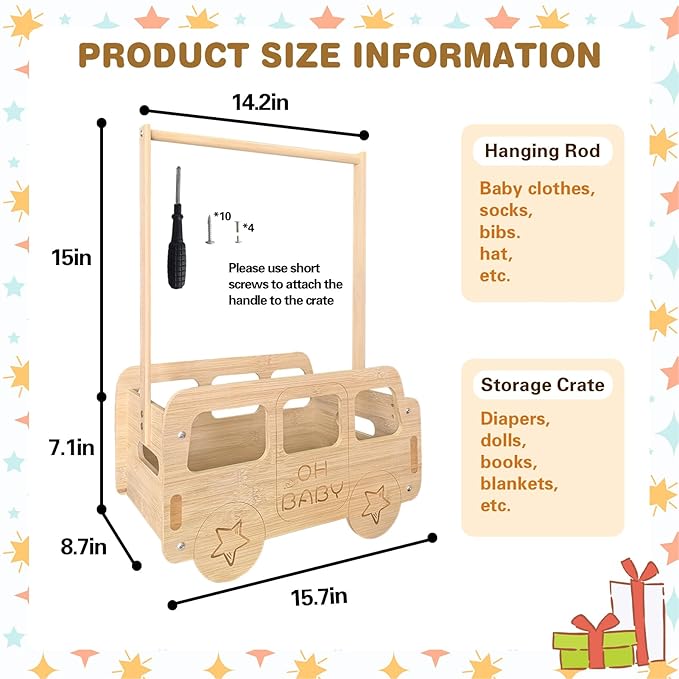 fun-plus Baby Shower Crate Closet, Bus Shape Baby Shower Basket with Handle Baby Storage Crate, Wooden Crate for Pregnancy New Parent (Bamboo made)