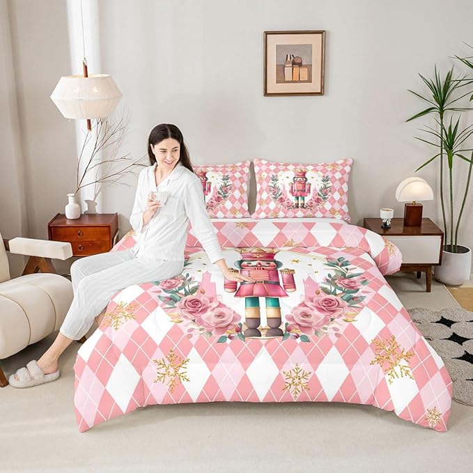 Feelyou Christmas Comforter Set Toddler Size Pink Nutcrackers Bedding Set for Kids Boys Girls Rhombus Pattern Duvet Quilt Floral Bedroom Decor Snowflake Microfiber 2 Pcs with 1 Pillow Cases