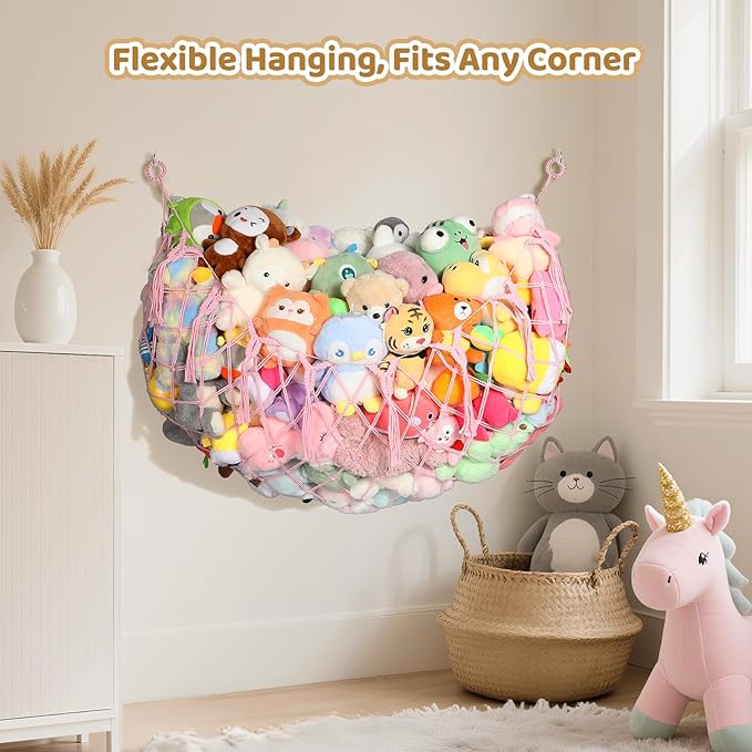 Yecaye 60 IN Stuffed Animal Hammock, Hanging Stuffed Animal Storage with Handmade Macrame Tassels, Net for Stuffed Animals Corner Large for Nursery Living Room Wall Decoration, Fairy Pink