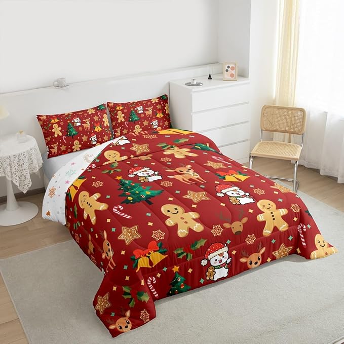 Feelyou Merry Christmas Comforter Set Twin Size Gingerbread Man Bedding Set for Kids Boys Girls Cute Deer Duvet Quilt Christmas Tree Microfiber 2 Pcs with 1 Pillow Cases