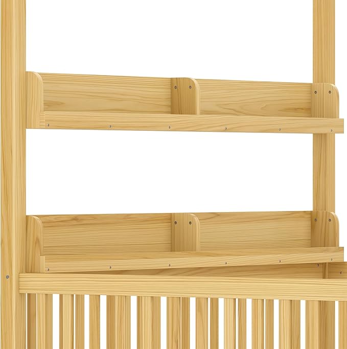 Polibi Full Size Montessori Floor Bed with Guardrails, Low Profile Solid Wood Canopy Frame with Built-in Shelves, No Box Spring Needed, for Kids & Teens, Natural