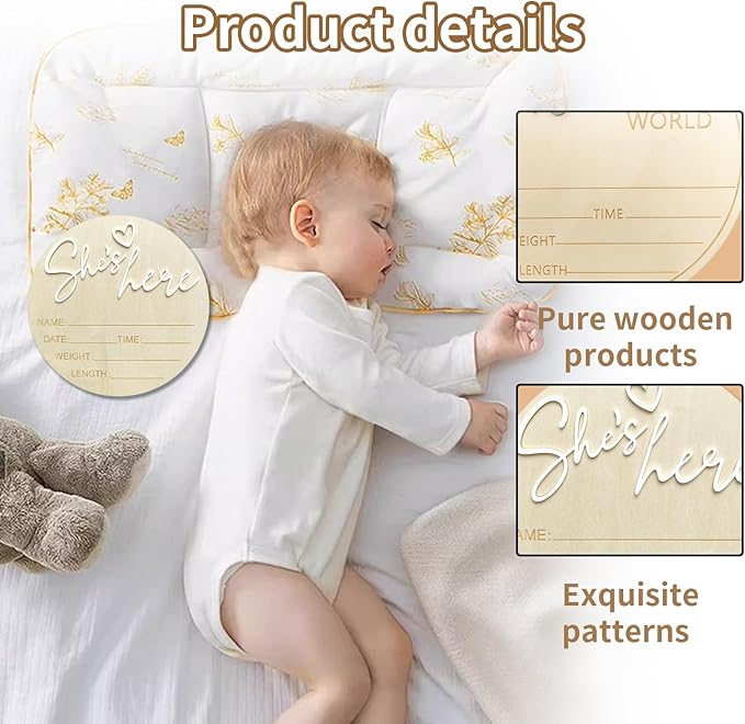 Baby Announcement Sign, 5.9 Inch Wooden Hello World Newborn Signs, Birth Announcement Sign, Gender Reveal Signs, She's here Decoration, Welcome Newborn Arrival To World, Hospital Nursery for Baby (White She's)