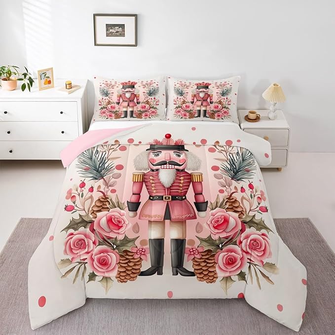 Feelyou Christmas Decor Nutcrackers Comforter Set All Season Pink Christmas Bedding Set with 1 Pillow Cases Funny Nutcracker Kids Twin Bedclothes Rose Decor Berries Duvet Quilt Soft Lightweight