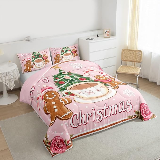 Feelyou Merry Christmas Comforter Set Twin Size Gingerbread Man Bedding Set for Kids Boys Girls Xmas Duvet Quilt Christmas Decor Bedroom Decor Microfiber 2 Pcs with 1 Pillow Cases