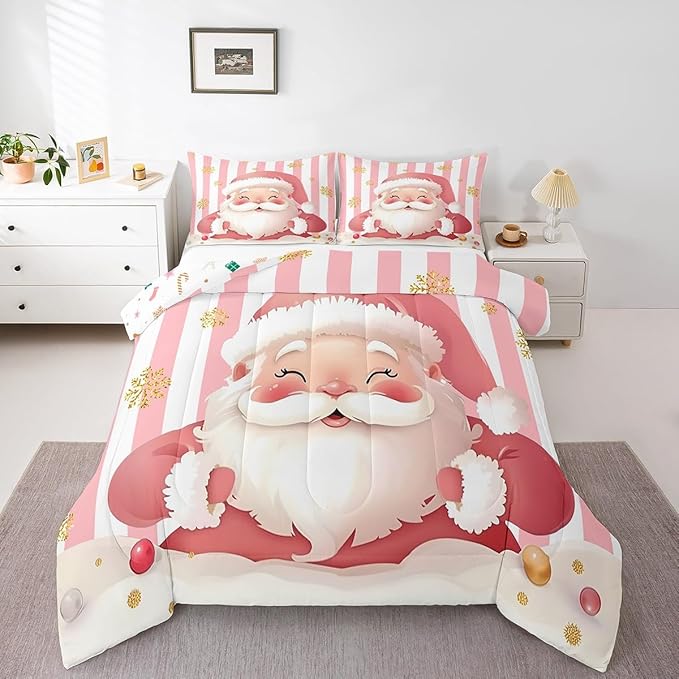 Feelyou Merry Christmas Decorations King Size Comforter Set Santa Claus Bedding Set Pink Quilt Set Soft Warm Lightweight Duvet Set