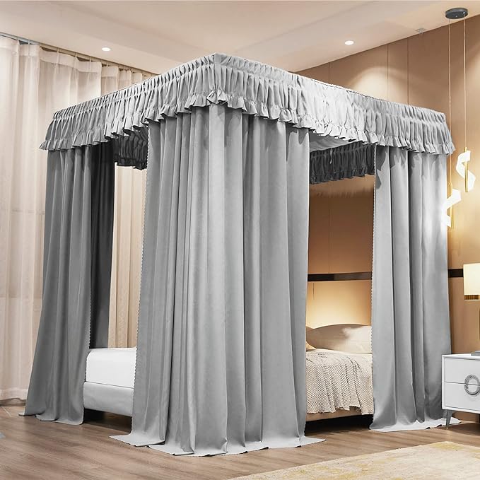 VETHIN Elastic Roof Style Four Corner Post Princess Bed Canopy Curtains Cozy Breathable Tent Canopy Mosquito Net for Girls & Adults Bedroom Decoration (Grey, 59-64" W*82" L*82"*H/(Queen))