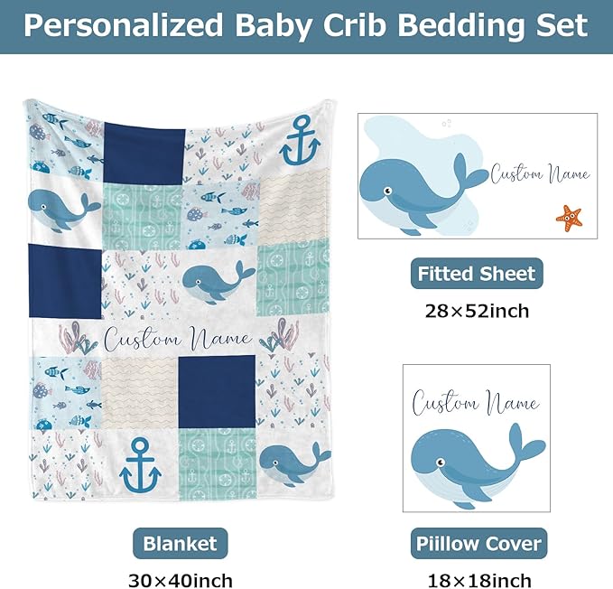 Personalized Baby Crib Bedding Set,3 Piece Custom Name Nursery Set with Blanket, Fitted Sheet & Pillowcase for Baby Girls & Boys, Ocean Wonders Theme(Fixed Size)