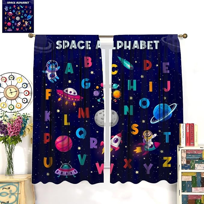 Alphabet Curtains Kids Outer Space Cartoon Universe Planet Educational Learning Curtain with Rod Pocket for Bedroom Nursery Decor Drapes Window Treatments 2 Panels Set 52" W X 84" L