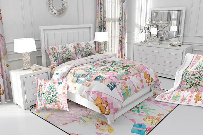 jejeloiu Christmas Nutcracker Comforter Set King Size Gingerbread Man Bedding Set for Kids Boys Girls Xmas Tree Duvet Quilt White Pink Bedroom Decor
