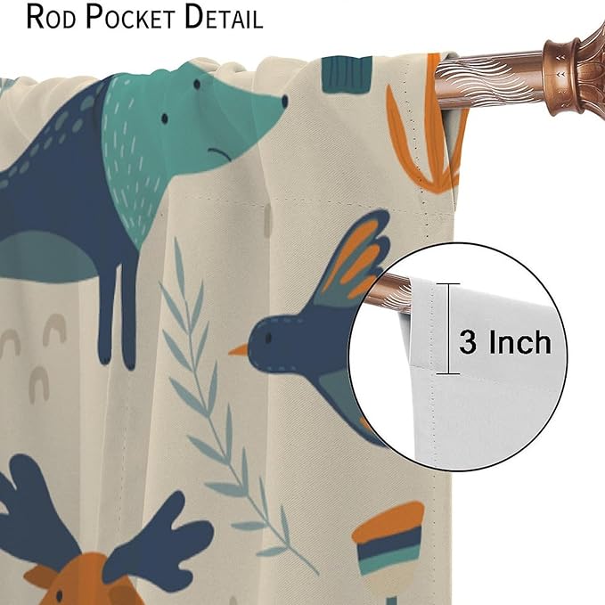Kids Forest Animal Curtains, Rustic Cartoon Cute Wild Animal Window Treatments Woodland Safari Animal Fox Deer Bear Window Drapes for Girls Boys Nursery Toddler Bedroom 42x63in
