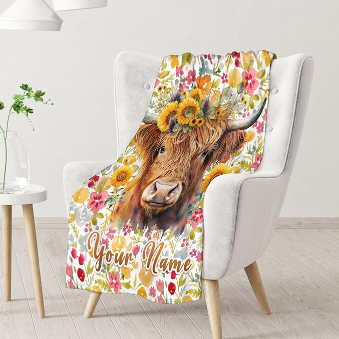 Custom Highland Cow Blanket Gifts with Name - 40x30 Inches Vintage Throw Blanket for Women, Girls - Colorful Soft Fuzzy Blankets for Lap, Chair - Gift for Mom Daughter Grandma
