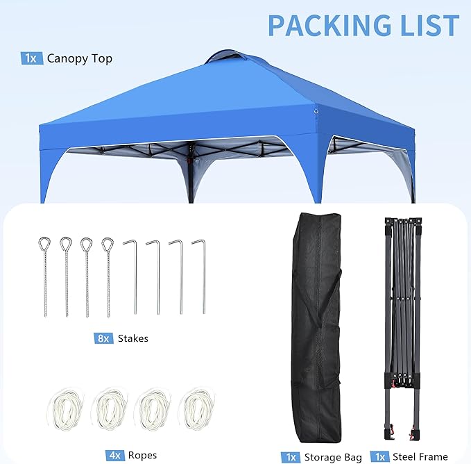 GDY 8x8 Pop Up Canopy Tent, Easy-Setup Gazebo, Outdoor Canopy with 3 Adjustable Heights for Events, Parties, Camping, Blue.