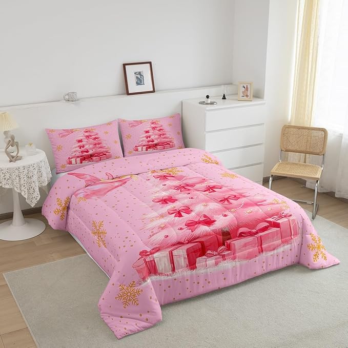 Erosebridal Xmas Tree Queen Bedding Sets Merry Christmas Queen Comforter Set for Kids Boys Girls Teens Snowflake Decorations Down Comforter Princess Bow Pink Decor Duvet Insert