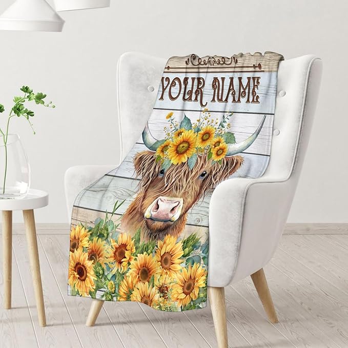Custom Throw Blanket for Women - Cute Highland Cow Blanket Gift for Mom Daughter Grandma Nana - 80x60 Inches Personalized Aesthetic Sunflower Throws with Name for Bed Couch Sofa
