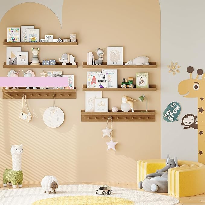MBYD Floating Shelves 36 Inch, Nursery Book Shelves for Kids Room, Hanging Bookshelf with Hooks Set of 3, Light Walnut Wood Picture Ldge Shelving, Kitchen Wall Shelf Spice Rack for Bedroom Bathroom