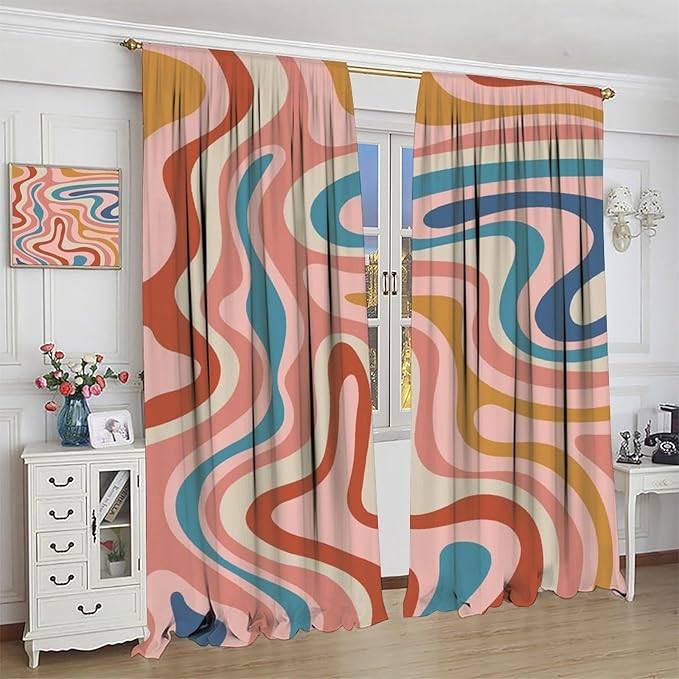 70S Abstract Wavy Swirl Curtain for Bedroom Windows,Retro Boho Minimal Teen Girls Kids Living Room Restroom Window Treatments Drapes 84" W X 84" L