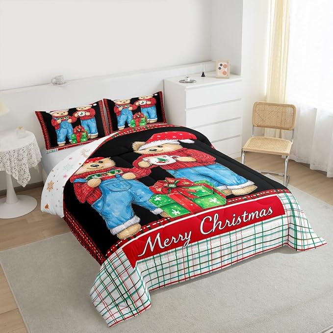 Feelyou Merry Christmas Bedding Set Soft for Boys Girls, Cute Bear Comforter Set Queen Size Duvet Quilt Microfiber Winter Bedroom Decor 3 Pcs with 2 Pillow Cases