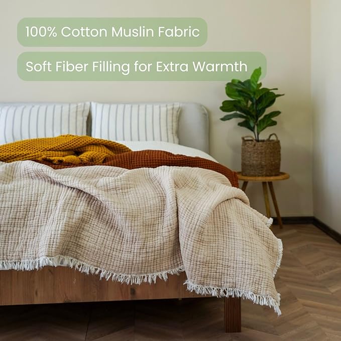 Christmas Muslin Comforter – Cotton Muslin Blanket with Soft Fiber Filling, Breathable & Cozy Muslin Throw Blanket, Reversible Holiday Quilt (Cream Beige, King (U.S. Standard))