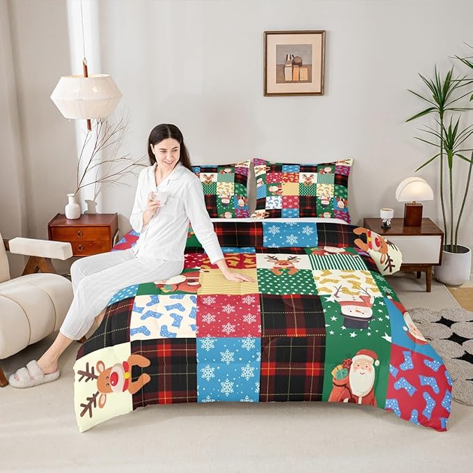 Feelyou Patchwork Christmas Bedding Set Soft for Boys Girls, Santa Claus Reindeer Comforter Set Full Size Snowman Duvet Quilt Microfiber Snowflake Bedroom Decor 3 Pcs with 2 Pillow Cases