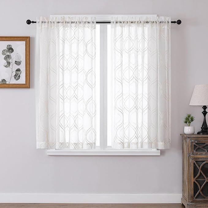VISIONTEX White Sheer Curtains 54 Inch Length 2 Panels Set Beige Moroccan Embroidered Curtains Trellis French Textured Rod Pocket Voile Tulle Semi Window Drapes for Bedroom Living Room 54 x 54 Inches