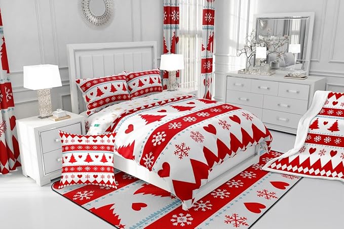 Feelyou Christmas Comforter Set Queen Size Xmas Tree Bedding Set for Kids Boys Girls Snowflake Heart Duvet Quilt Geometric Bedroom Decor Microfiber 3 Pcs with 2 Pillow Cases