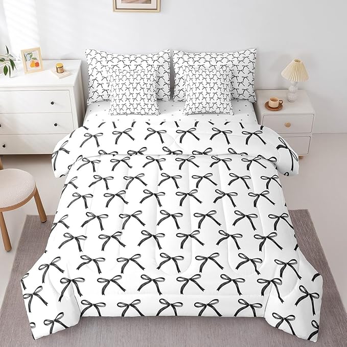 Manfei 7 Pieces Cartoon Bowknot Kids Comforter Full Size,Bow Tie Geometric Patchwork Modern Girls Bedding Set,Bow Butterfly Knot Black White（Comforter+Fitted+Flat+2 Pillowcases+2 Throw Pillow Covers）