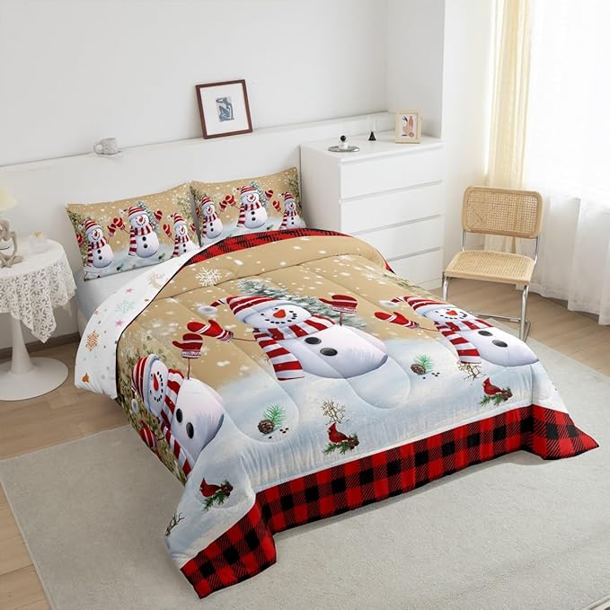 Cartoon Snowman Kids Christmas Comforter Set King Size,Pines Snowflake Rustic Bedding,Girls Boys Adults Bedroom/Xmas Cabin Decor,Grids Geometric Down Comforter,Farmhouse Duvet Insert,2 Pillowcases