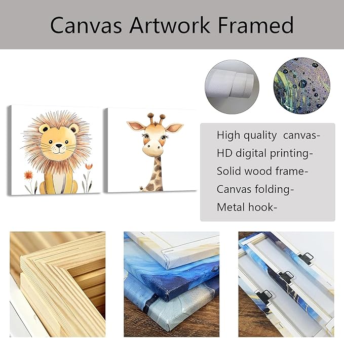 Baby Animal Framed Canvas Wall Art Set of 2 - Cute Baby Lion Giraffe Paintings Posters Woodland Animals Pictures Prints for Kids Room Bedroom Decor(Artwork-03, 20"x20"x2P)