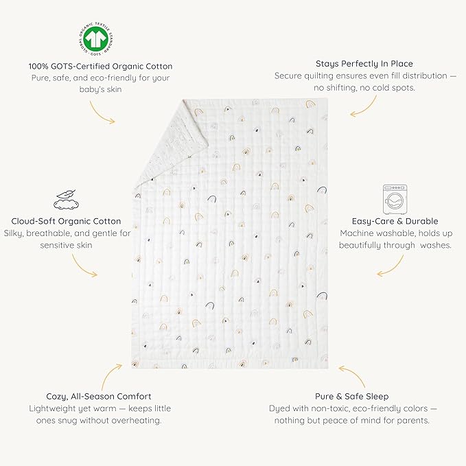 MakeMake Organics Organic Baby Blanket GOTS Certified Organic Comforter Cotton Infill Tufted - Reversible Ultra Soft Breathable (30"x40", Dotty + Rainbow)