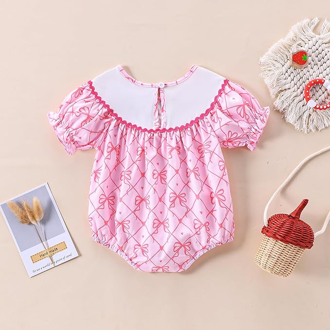 Newborn Baby Girl Romper Mamas Mini Bow Plaid Print Puff Sleeve Smocked Bubble Romper Jumpsuit Bodysuit Clothes