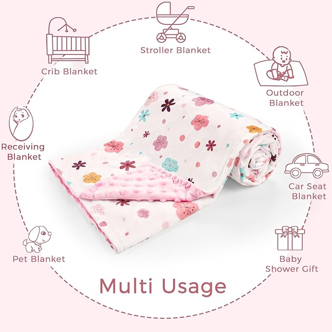 Pea Pod Baby Girls Blanket Soft Floral Minky Blanket for Newborn, 30'' x 40'' Double Layer Design, Dotted Backing Warm Baby Quilt Crib Blanket for Nursery/Stroller/Toddler Bed/Baby Car Seat