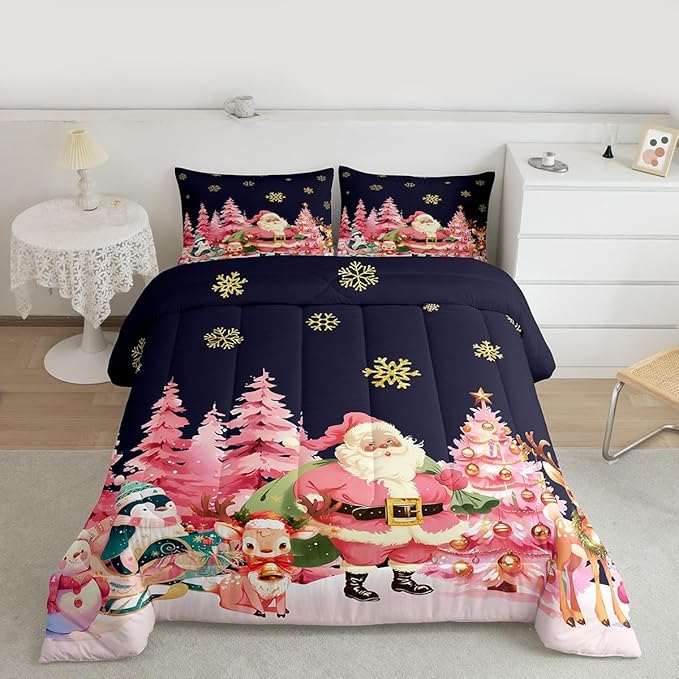 jejeloiu Merry Christmas Comforter Set Full Size Santa Claus Bedding Set for Kids Boys Girls Cute Deer Duvet Quilt Dark Blue Bedroom Decor