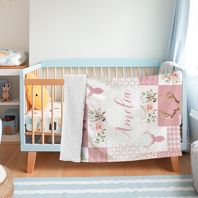 Personalized Baby Blanket with Name, Custom Pink Woodland Deer Blanket for Kids, Soft Flannel Bed Throw Blanket Swaddle for Newborn, Customizable Baby Gift & Nursery Blanket(60" x80)