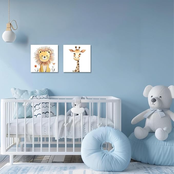 Baby Animal Framed Canvas Wall Art Set of 2 - Cute Baby Lion Giraffe Paintings Posters Woodland Animals Pictures Prints for Kids Room Bedroom Decor(Artwork-03, 16"x16"x2P)
