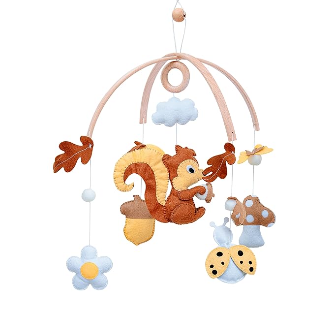 Woodland Nursery Mobile, Felt Squirrel with Mushrooms, Acorns, Leaves and Cloud, Baby Crib Mobile, Forest Theme Hanging Decor
